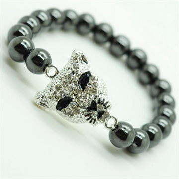 Hematite 8MM Round Beads Stretch Gemstone Bracelet with Diamante alloy leopard head Piece