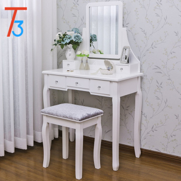 Vanity Set with Mirror & Cushioned Stool Dressing Table Makeup 5 Drawers 2 Dividers Movable Organizers White