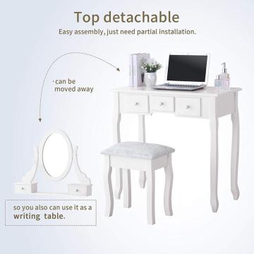 White Vanity Table with Oval Mirror/ 5 Drawers Makeup Table with Mirror Wood Dressing Table w/Cushioned Stool