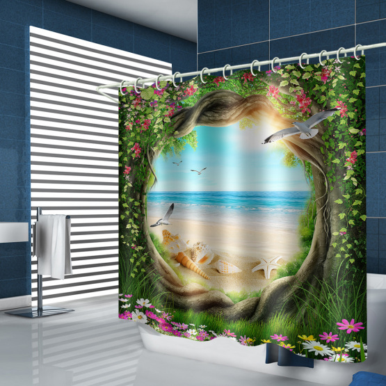 Tree Hole Flowers Waterproof Shower Curtain Sea Beach Conch Decor