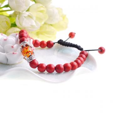 Amber and Crown Charm Red Turquoise Beads Woven Bracelet