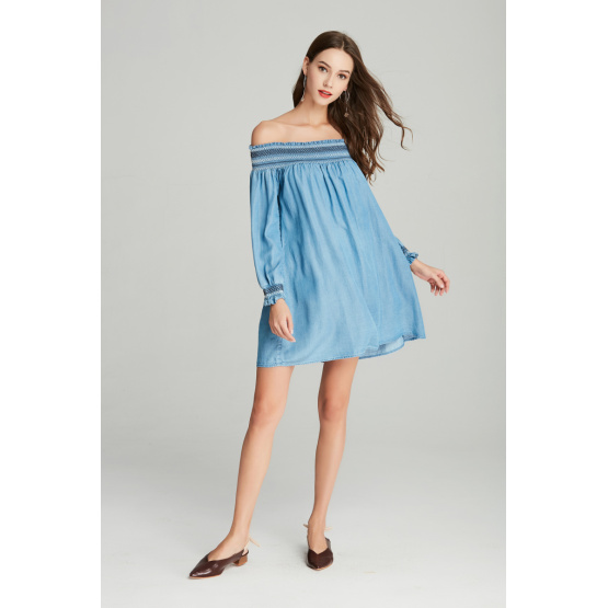 off shoulder fashion smocking ladies denim tencel dress