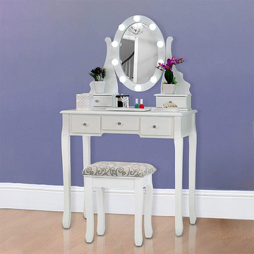 Dressing Table with Stool and LED Lights with 5 Drawers and Mirror, White