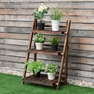 3 Tier Folding Wood Flower Pot Shelf Stand Wooden Display Rack Indoor Outdoor Garden