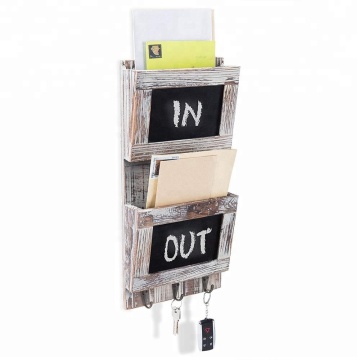 2-Slot Rustic Wood Wall-Mounted Mail Sorter Organizer with Chalkboard Surface & 3 Key Hook Rack