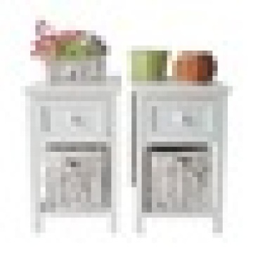 Pair of Retro White Chic Nightstand End Side Bedside Table with Wicker Storage Wood