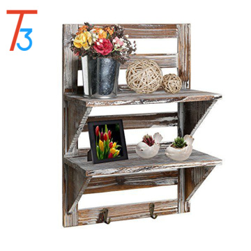 rustic wood wall organizer shelves 2-tier storage rack with 2 hooks