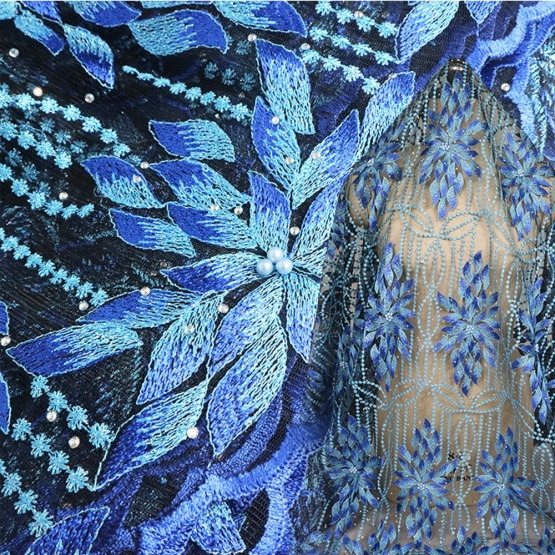 Blue Beaded Pearl lace Dubai Lace Fabric