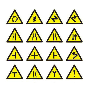Triangular warning signs narrows down crossroads ahead