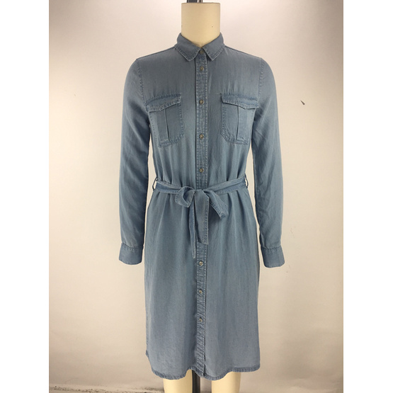 fashion tencel denim fabric belt ladies shirt dress