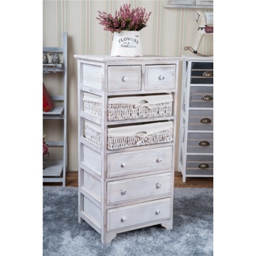 Factory wholesale solid paulownia MDF wood chest with wicker drawer storage cabinet