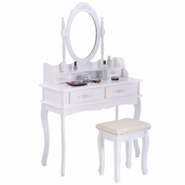 White Vanity Jewelry Makeup Dressing Table Set W Stool 4 Drawer Mirror Wood Desk