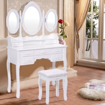 White Tri Folding Oval Mirror Wood Vanity Makeup Table Set with Stool &7 Drawers bathroom