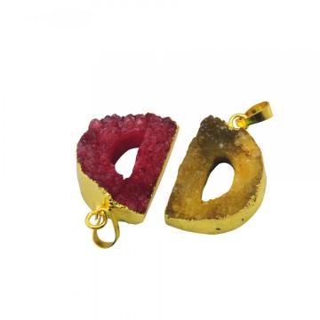 Real Natural Druzy Crystal Alphabet Letter D Pendants Plated Gold