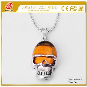 Tiger eye Skull Gemstone Pendant Necklace with Silver chain