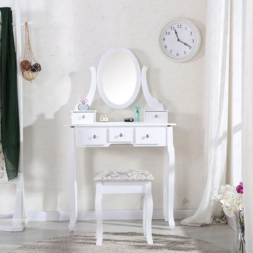 White Wooden Dressing Table with Oval Mirror and Stool Bedroom Shabby Chic 5 Drawers Makeup Desk Sets