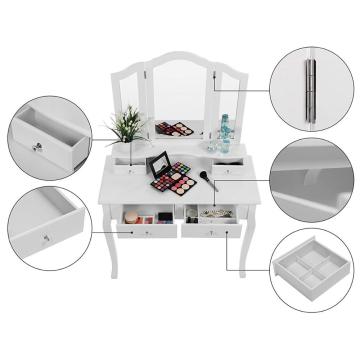 Large Dressing Table Set with Tri-fold Mirror Make-up Desk and Cushioned Stool 4 Drawers