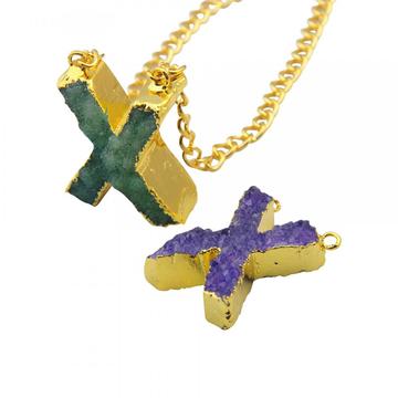 Natural Druzy Crystal Alphabet Letter X Pendant Plated Gold