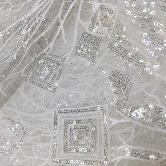 White Crystal Sequin Tulle Embroidery Fabric