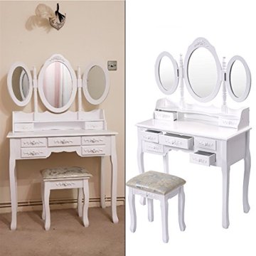 Wooden Vanity Table Makeup set Tri-folding Mirror Dressing Table with 7 Drawers 3 Mirror for Bedroom White