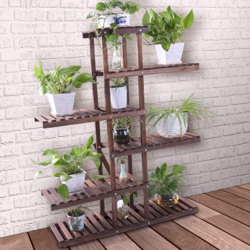 Carbonized Wood Plant Stand Holder 6 Tier High Low Shelf Space Saving Flower Display Rack For Indoor Outdoor Garden Patio Balcon