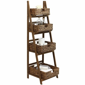 4 Tier Brown Ladder Shelf with Brown Wicker Basket Set