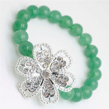 Green Aventurine Gemstone Bracelet with Diamante alloy Flower Piece