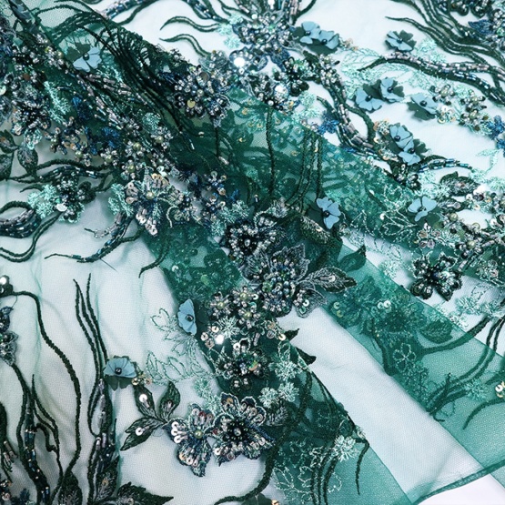 Dark Green Sequins Floral Embroidery