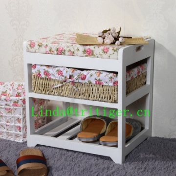 Willow basket wood shoe rack storage with stool seat bench