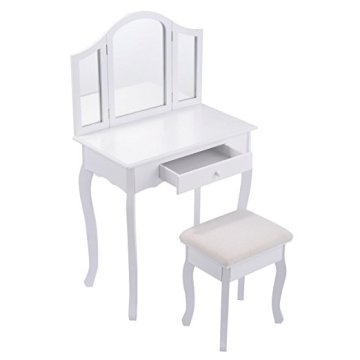 Bathroom Vanity Makeup Table Set Tri-folding Mirror Cushioned Stool Dressing Table