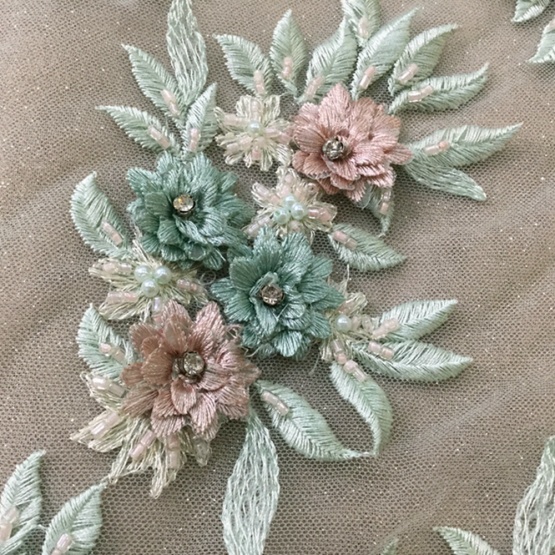 Light Green 3D StoneTulle Embroidery Fabric