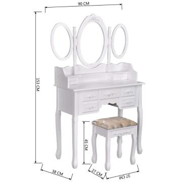 Makeup Dressing Table 7 Drawers Vanity Table Set with Folding Oval Mirror