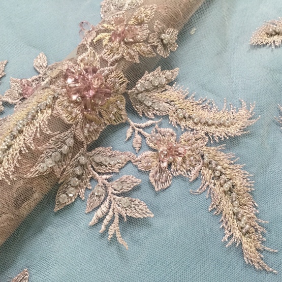 Orange Heavy Handwork Beaded Embroidery Lace Fabric