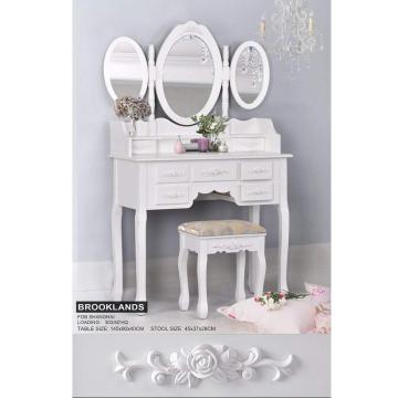 Makeup Dressing Table 7 Drawers Vanity Table Set with Folding Oval Mirror