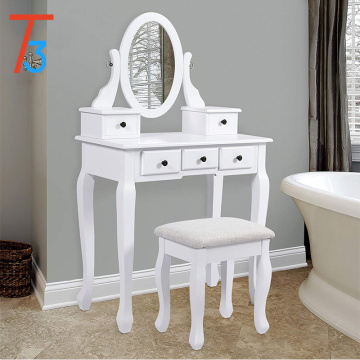 White Vanity Table and Stool Set Adjustable Oval Mirror, 5 Drawers
