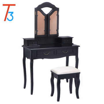 Black wood makeup 4 drawers stool wardrobe dressing table design