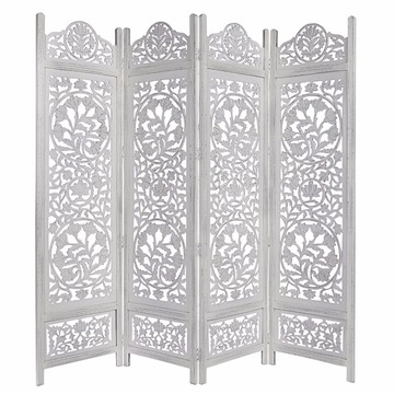 Lotus Antique White 4 Panel folding Screen 72x80 carved on both sides Handcrafted Wood Room Divider
