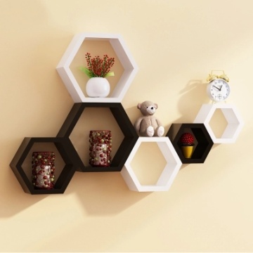 Factory direct home decoration items wooden hexagon wall mounted shelf supplier