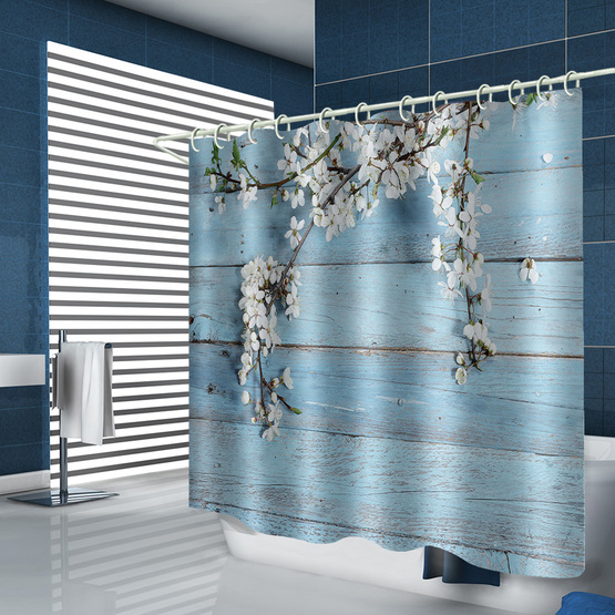 Blue Wood Plank Waterproof Shower Curtain White Flower Bathroom Decor with Hooks