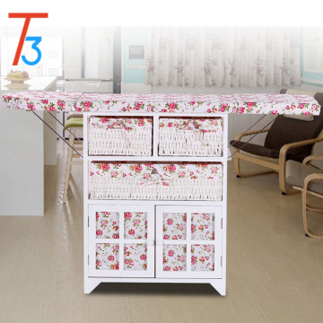 home furniture ironing board wooden cabinet with wicker drawer