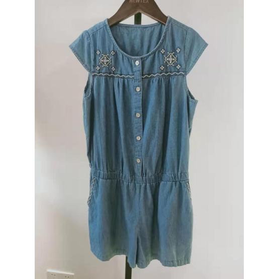 casual cotton denim cap sleeve embroidery girls jumpsuit