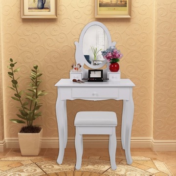 Wall-fixed Dressing Table with Stool and Mirror, 3 Drawers Vanity with 2 divider