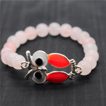 Rose Quartz 8MM Round Beads Stretch Gemstone Bracelet with alloy Owl Piece