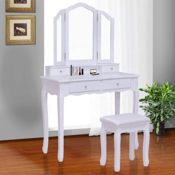 Tri Folding Mirror White Vanity Makeup Table Stool Set with Drawers