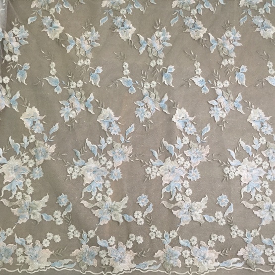 Sky Blue handmade Embroidery Flower Design Fabric