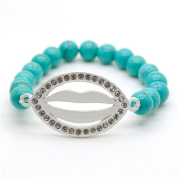 Turquoise 8MM Round Beads Stretch Gemstone Bracelet with Diamante Lip Piece