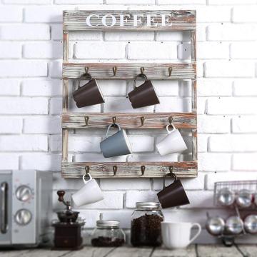 12 Hooks Rustic Wall Mounted Wood Coffee Mug Holder Kitchen Storage Rack Large