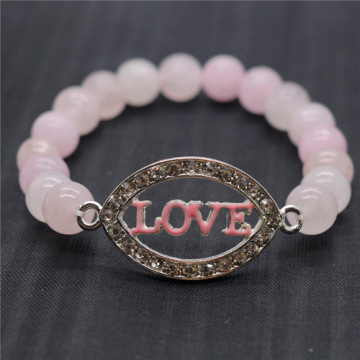 Rose Quartz 8MM Round Beads Stretch Gemstone Bracelet with Diamante love Piece