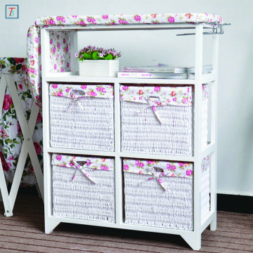 Pastoral Style White Folding Ironing Board Wooden Storage Cabinet with 4 Storage Drawers
