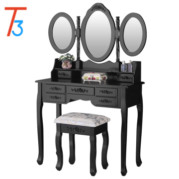 Vanity Table Set with Oval Mirror Makeup Dressing 7 Drawers and Stool,Black